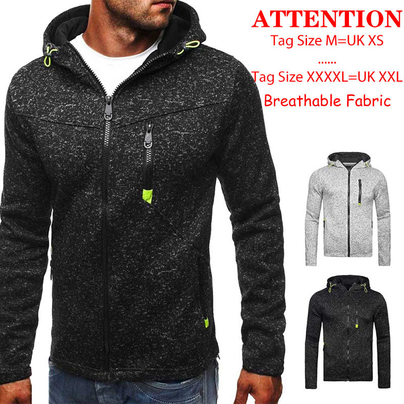 Mens Zipped Hoodie, Fleece Pullover Hooded With 2 Pockets, Sweatshirt Long Sleeve Jackets, Grey