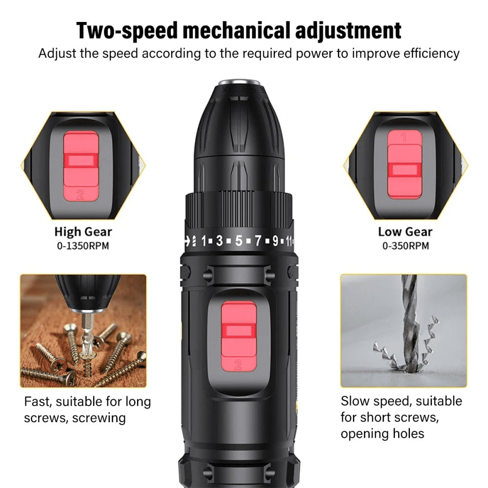 Cordless Combi Hammer Drill Driver Kit - 2x Li-ion Batteries, Dual Speed, Self-Locking Chuck, Forward Reverse Function For Home & Workshop Use