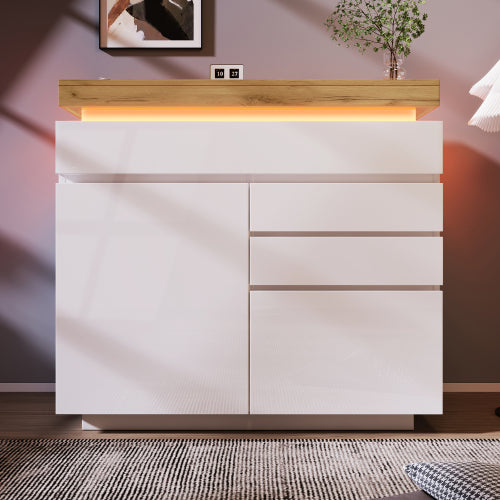 Chest Of Drawers, High-gloss Sideboard Cabinet With 2 Doors And 3 Drawers,Storage With RGB LED App-controlled, Multi-purpose Cabinet For Living Room And Bedroom, 115 X 110 X 39 Cm, White