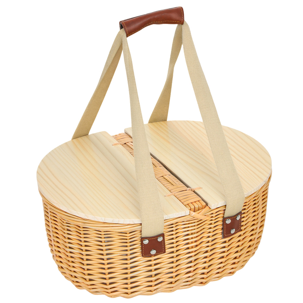 Wicker Picnic Basket For 2 With Pine Wood Lid, Picnic Hamper With Cooler Compartment, Cutlery Service Kits, Carry Handle For Camping, Outdoor, Valentine Day, Christmas, Birthday, Light Brown