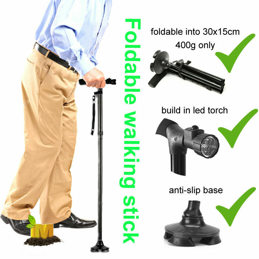 Folding LED Walking Stick Cane With Flashlight For Senior Aluminium Travel Hiking Cane Trekking Pole Crutch Handle Strap 5 Gears