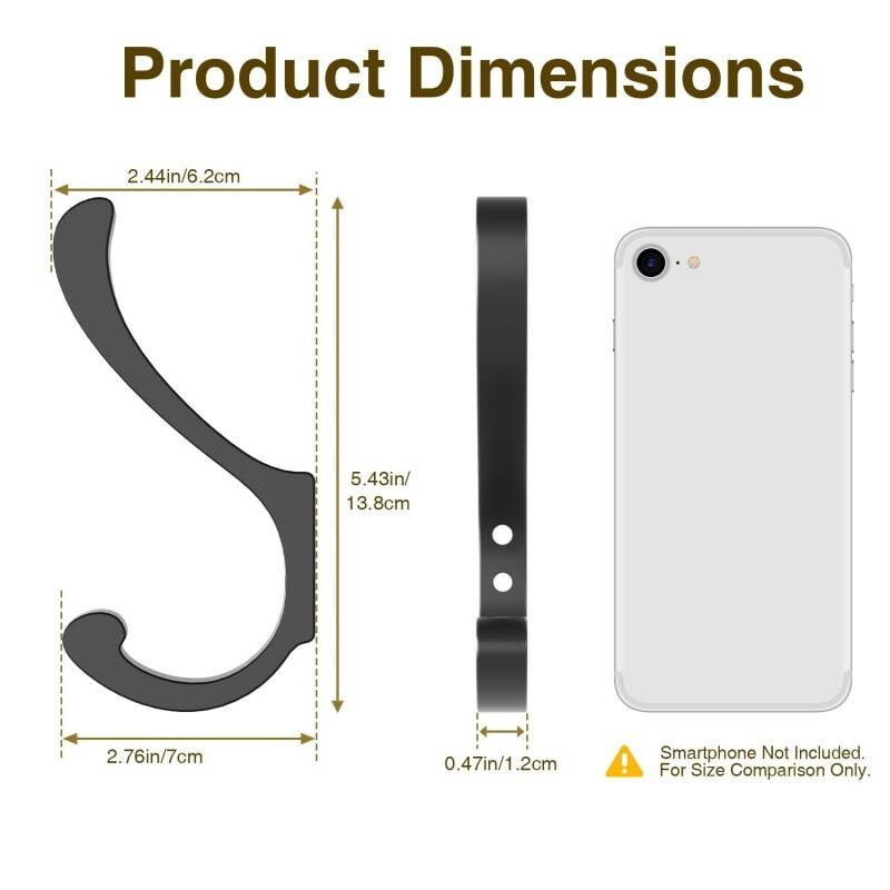 Set Of 6 Heavy Duty Coat Hooks, Extra Large Black Coat Hooks & Coat Hook For Wall, Durable Coat Hooks For Wall, Versatile Coat Pegs & Premium Metal Hooks For Jackets, Bags, Towels, Keys, Robes, Home &