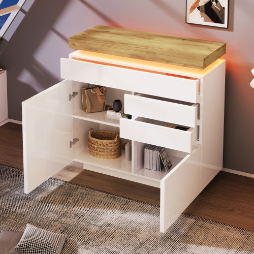 Chest Of Drawers, High-gloss Sideboard Cabinet With 2 Doors And 3 Drawers,Storage With RGB LED App-controlled, Multi-purpose Cabinet For Living Room And Bedroom, 115 X 110 X 39 Cm, White