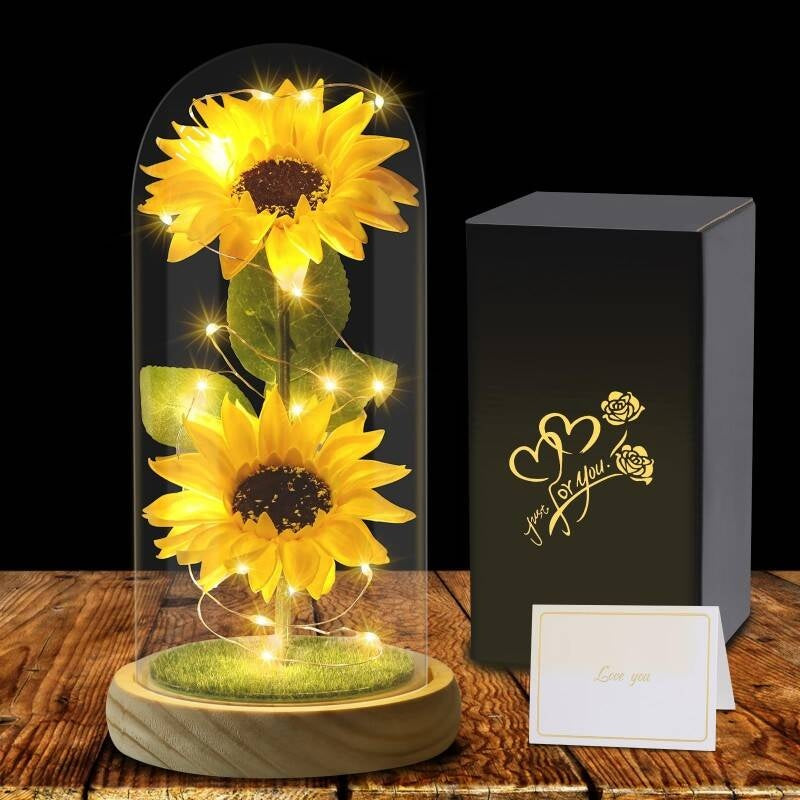 Mothers Day Gifts From Daughter Son, Eternal Sunflowers In Glass Dome With LED Lights & Gift Box, Unique Birthday Gifts For Women, Artificial Flowers Home Decor For Mum, Grandma, Wife - Sunflower Gift