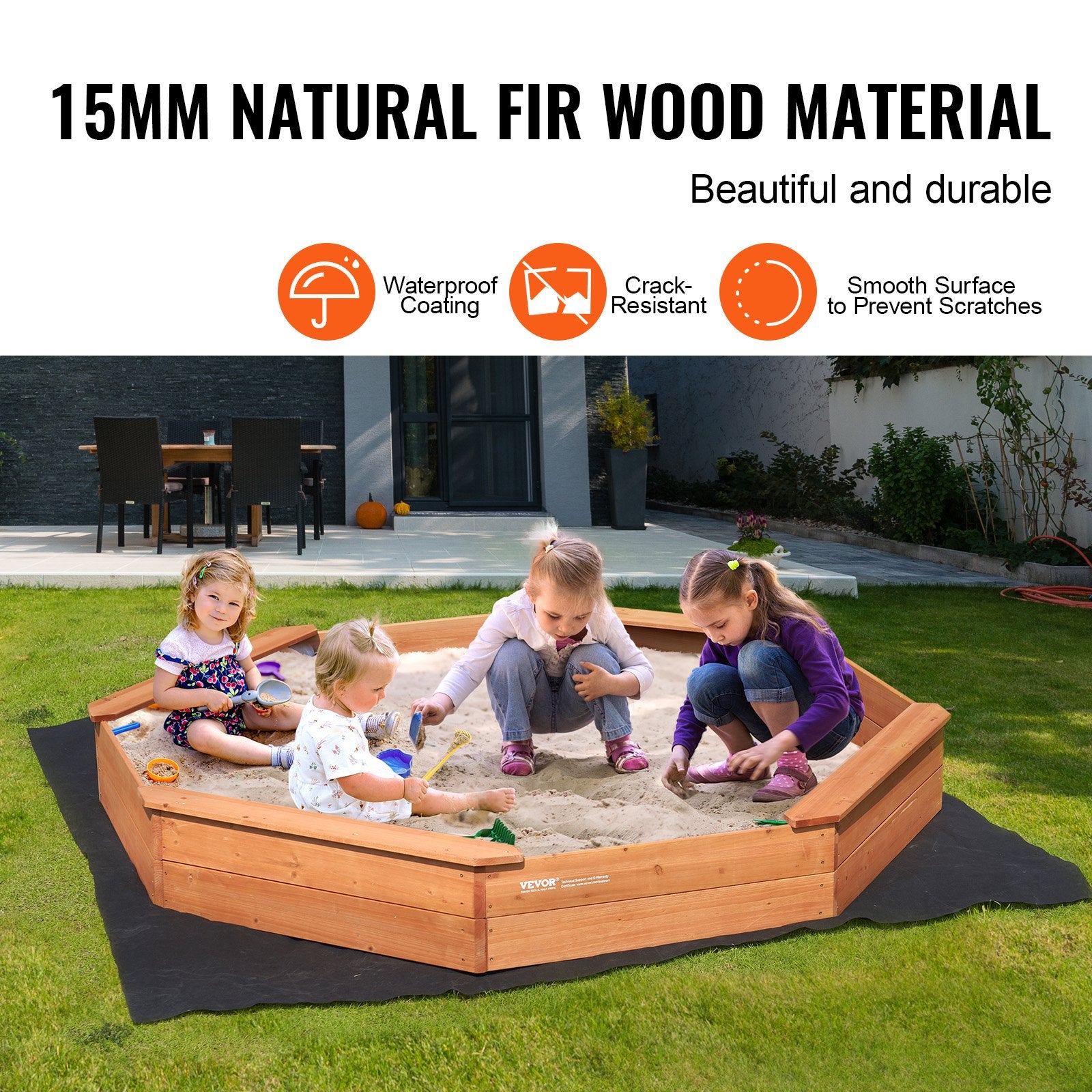 Wooden Sandbox With Cover, 75.6 X 75.6 X 9.1 In Octagonal Sand Box, Sand Pit With 4 Seating And Bottom Liner, Kids Sandbox For Outdoor Backyard, Beach, Park, Gift For Boys Girls Ages 3-12