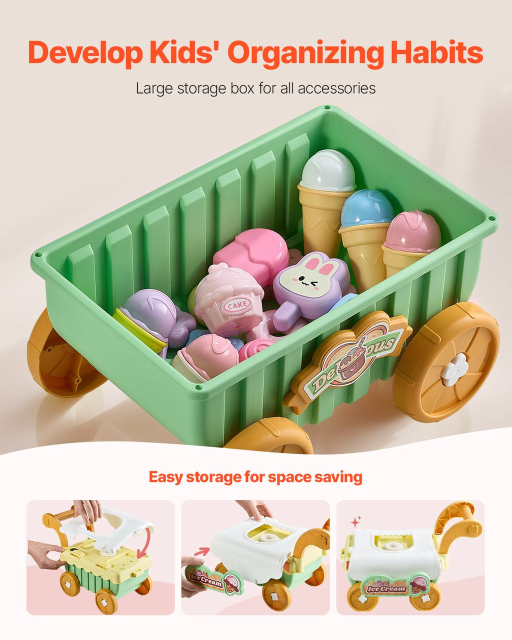 Ice Cream Cart For Kids, 27 PCS Accessories, Pretend Play Store With Storage Trolley With Pretend Money, Sound & Light Effects, Montessori Educational Ice Cream Truck Toys For Toddlers 3+
