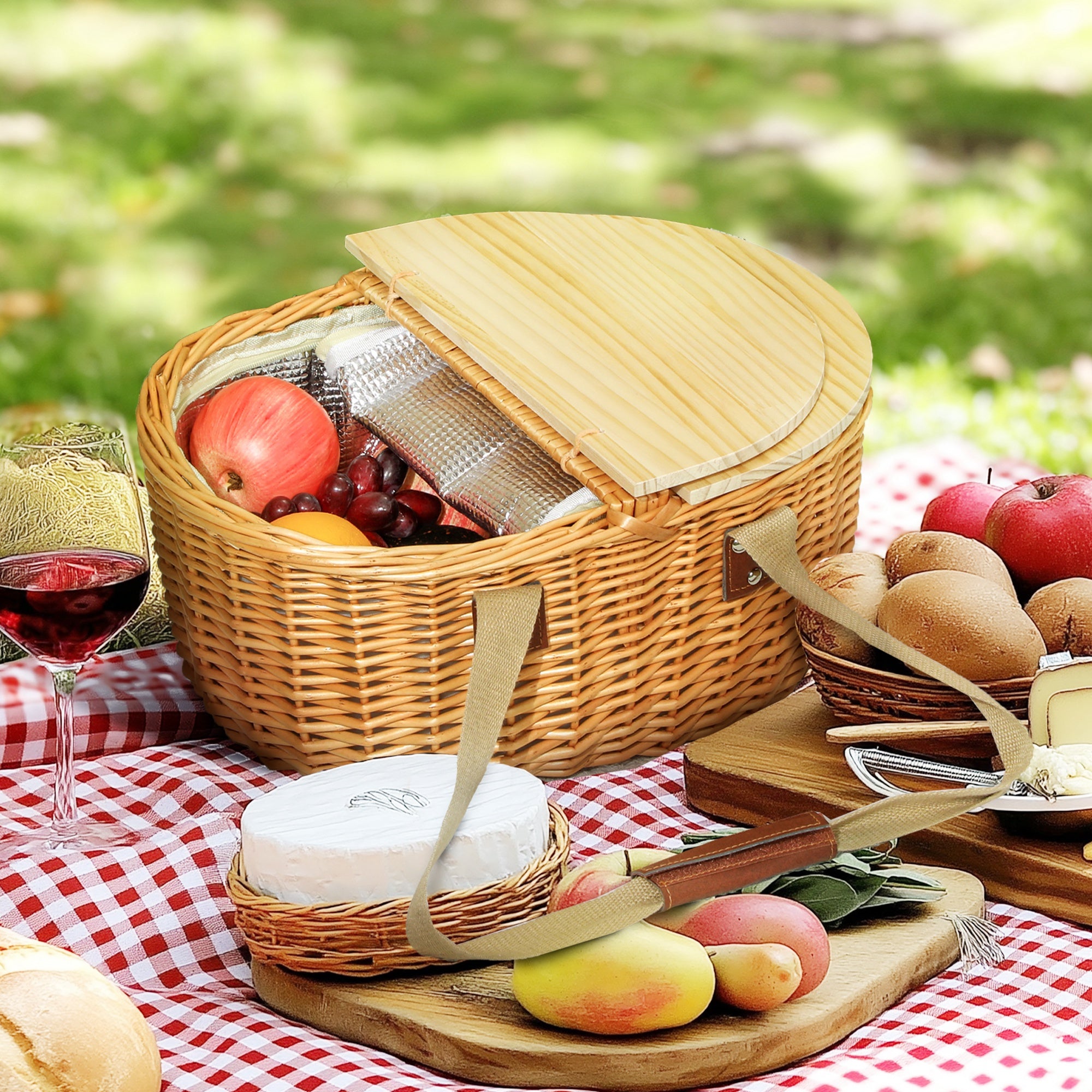 Wicker Picnic Basket For 2 With Pine Wood Lid, Picnic Hamper With Cooler Compartment, Cutlery Service Kits, Carry Handle For Camping, Outdoor, Valentine Day, Christmas, Birthday, Light Brown