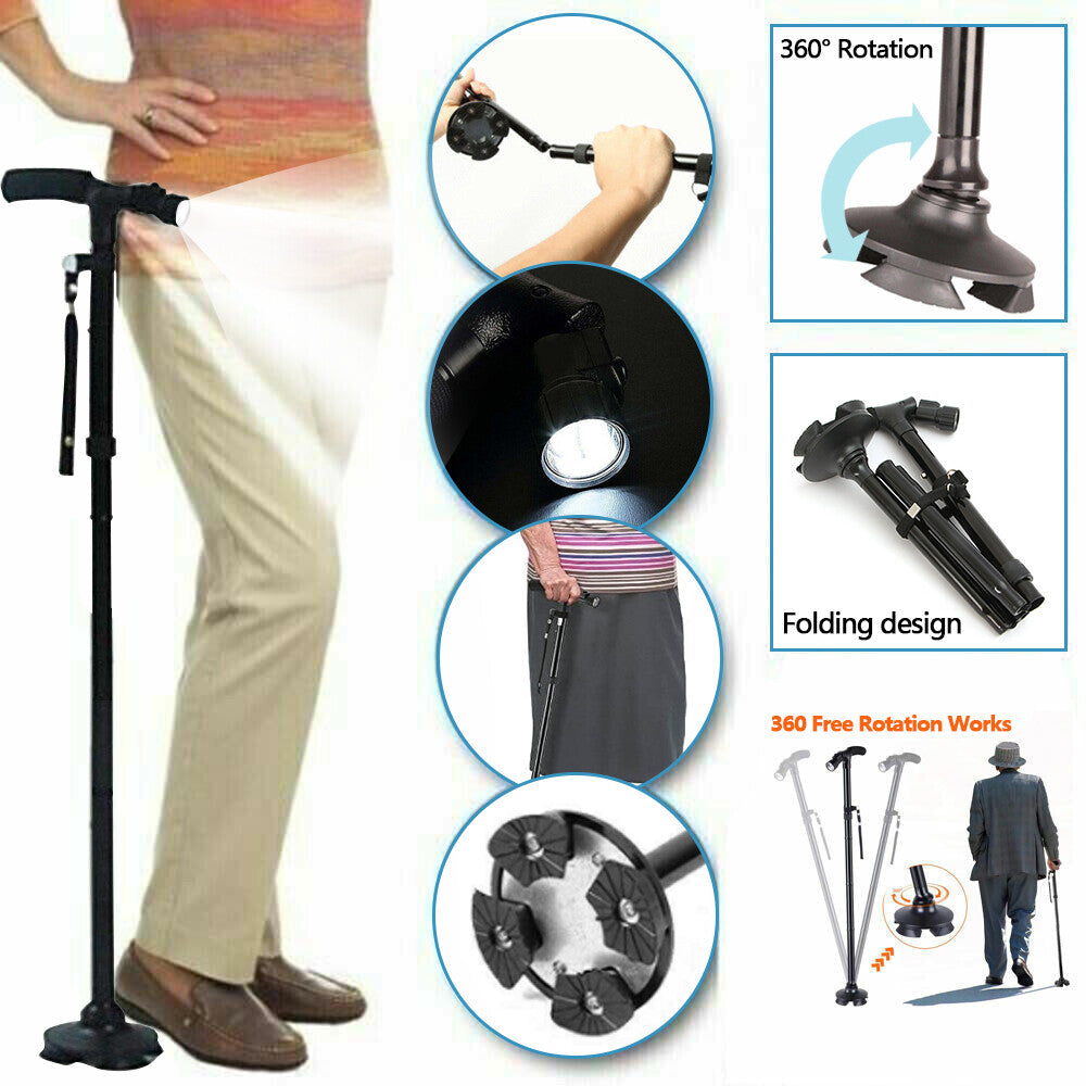 Folding LED Walking Stick Cane With Flashlight For Senior Aluminium Travel Hiking Cane Trekking Pole Crutch Handle Strap 5 Gears