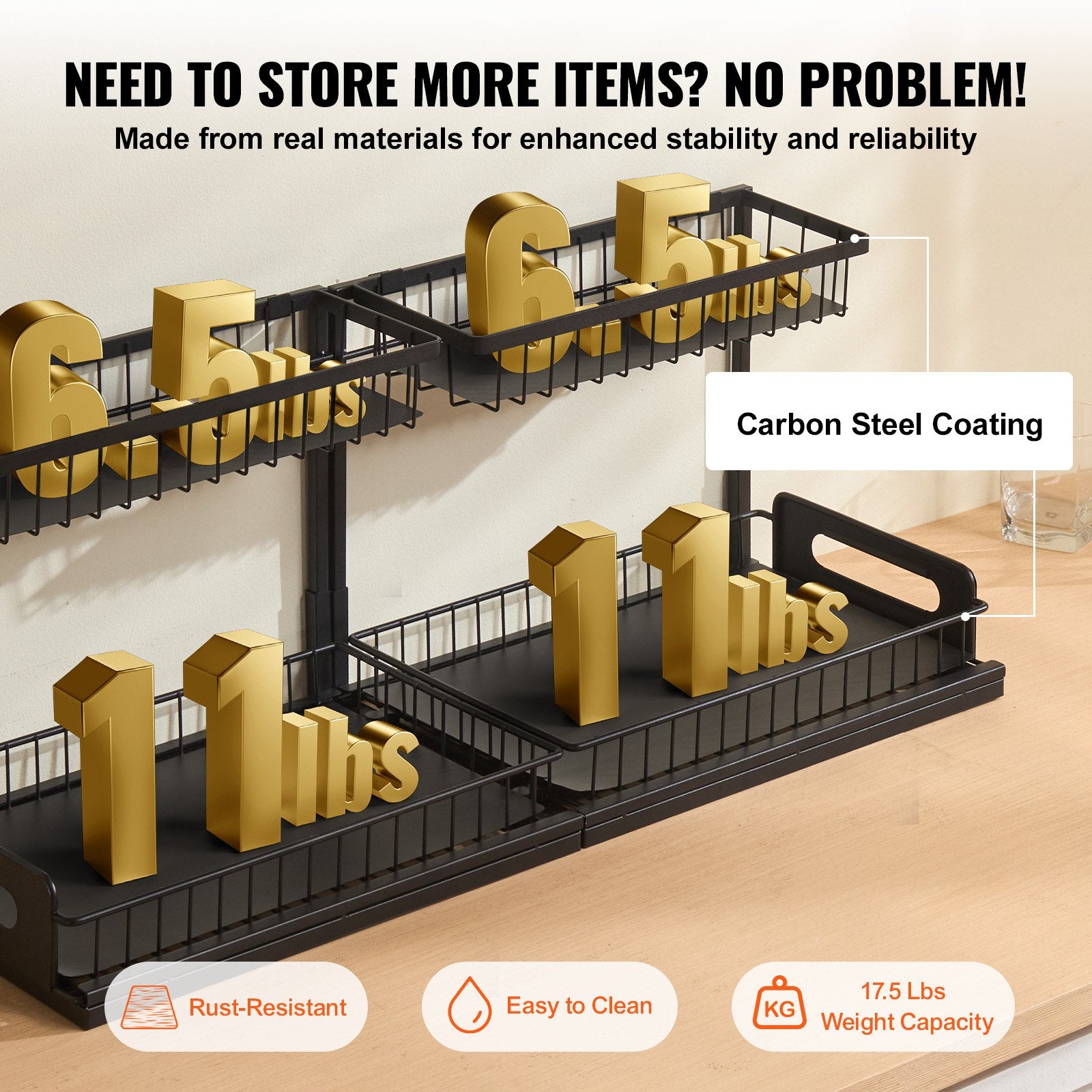 2 Tier Pull Out Cabinet Organizer(10.7"W X 14.2"D ), Under Sink Organizer And Storage, Slide Out Drawer Cabinet Organizer, Wire Basket Shelf, 25.5"Wx15.5"Dx13"H Install Size For Cabinet (2 Pack)