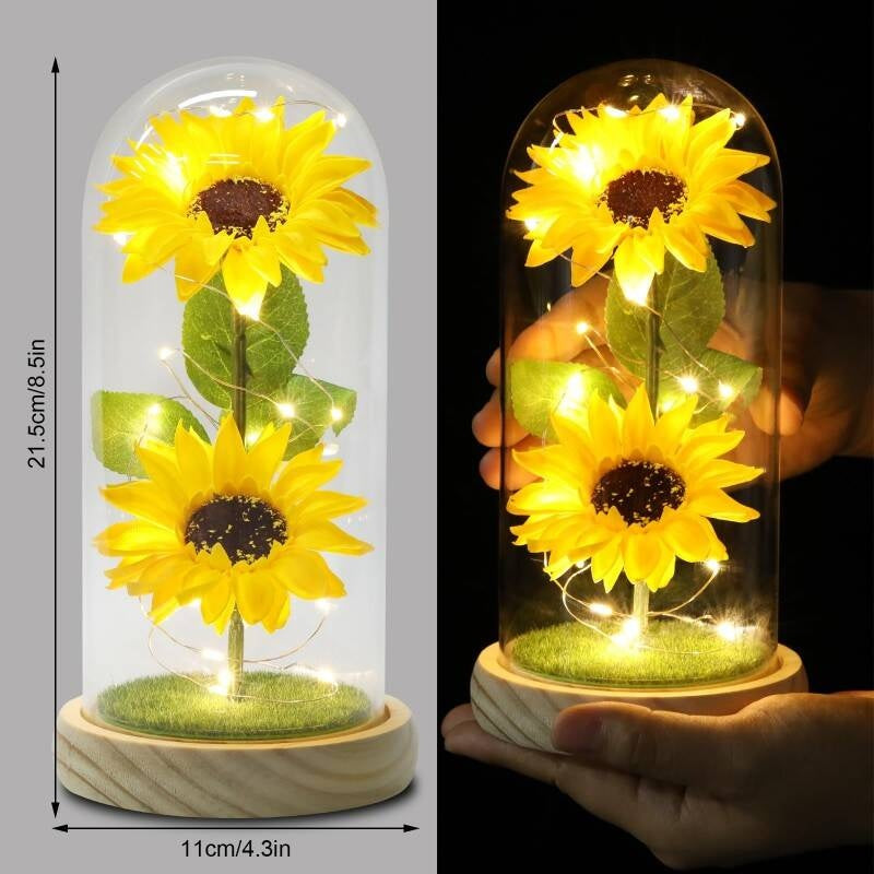 Mothers Day Gifts From Daughter Son, Eternal Sunflowers In Glass Dome With LED Lights & Gift Box, Unique Birthday Gifts For Women, Artificial Flowers Home Decor For Mum, Grandma, Wife - Sunflower Gift