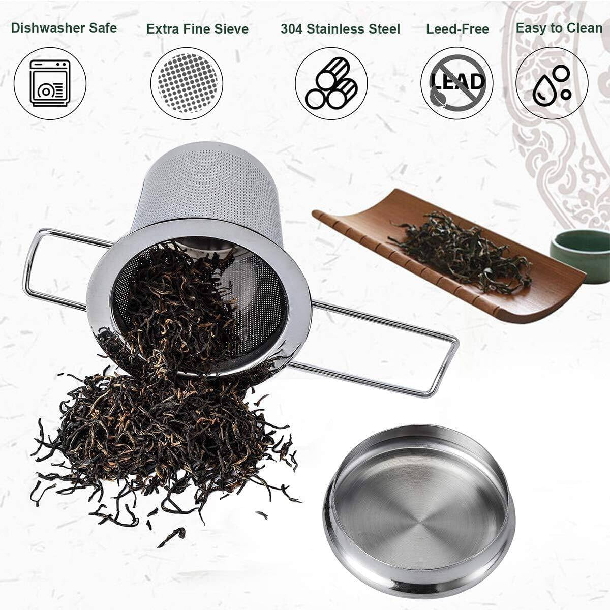 Stainless Steel Tea Strainer With Dual-Purpose Lid & Foldable Handle Fine Mesh Tea Strainers For Loose Tea Large Capacity Tea Infuser For Loose Tea Fits Mugs, Cups & Teapots Easy Clean Tea Infus