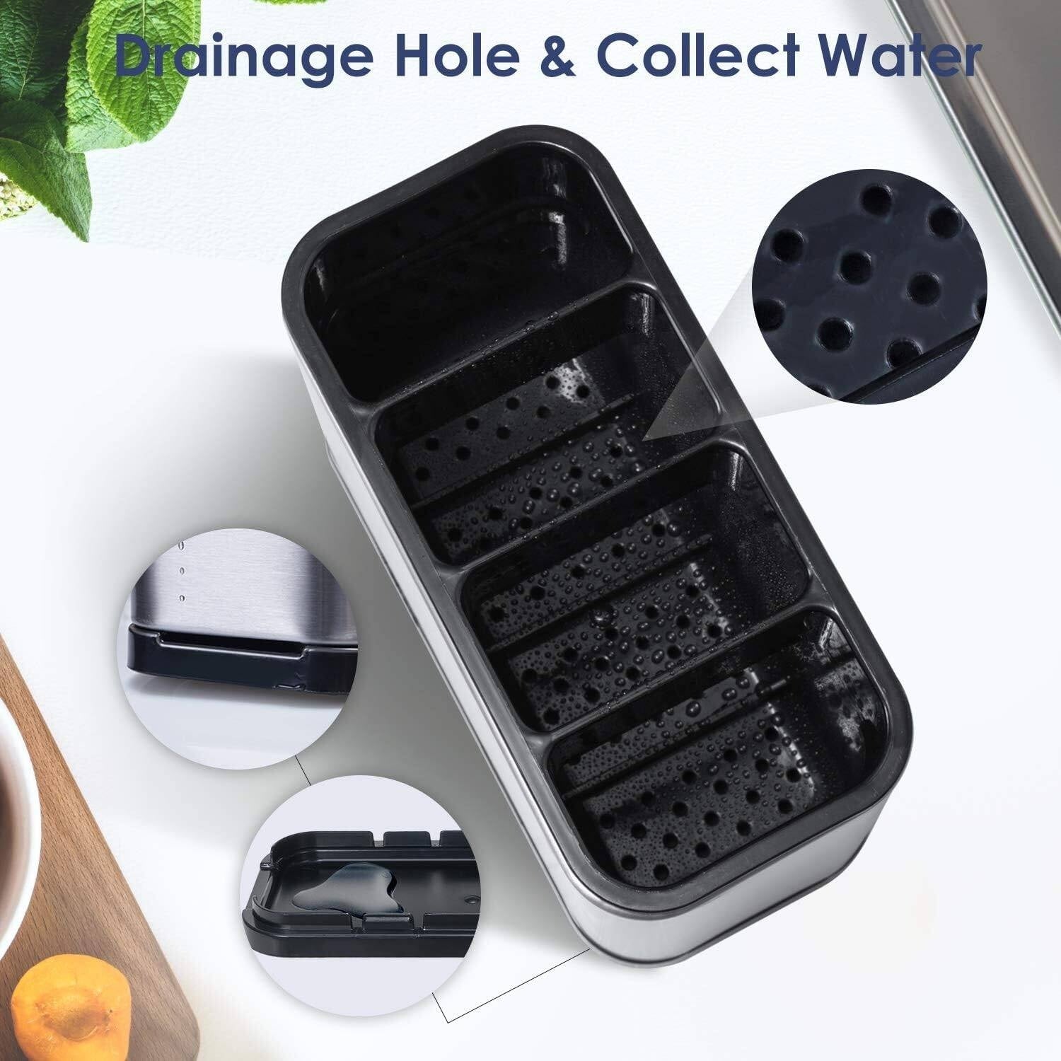 Cutlery Drainer For Sink With 4 Sections  Stainless Steel & ABS Hybrid Spoon Holder  Tilt-Drain & Anti-Slip Cutlery Organiser  Quick-Dry Ventilated Kitchen Utensil Holder For Countertop