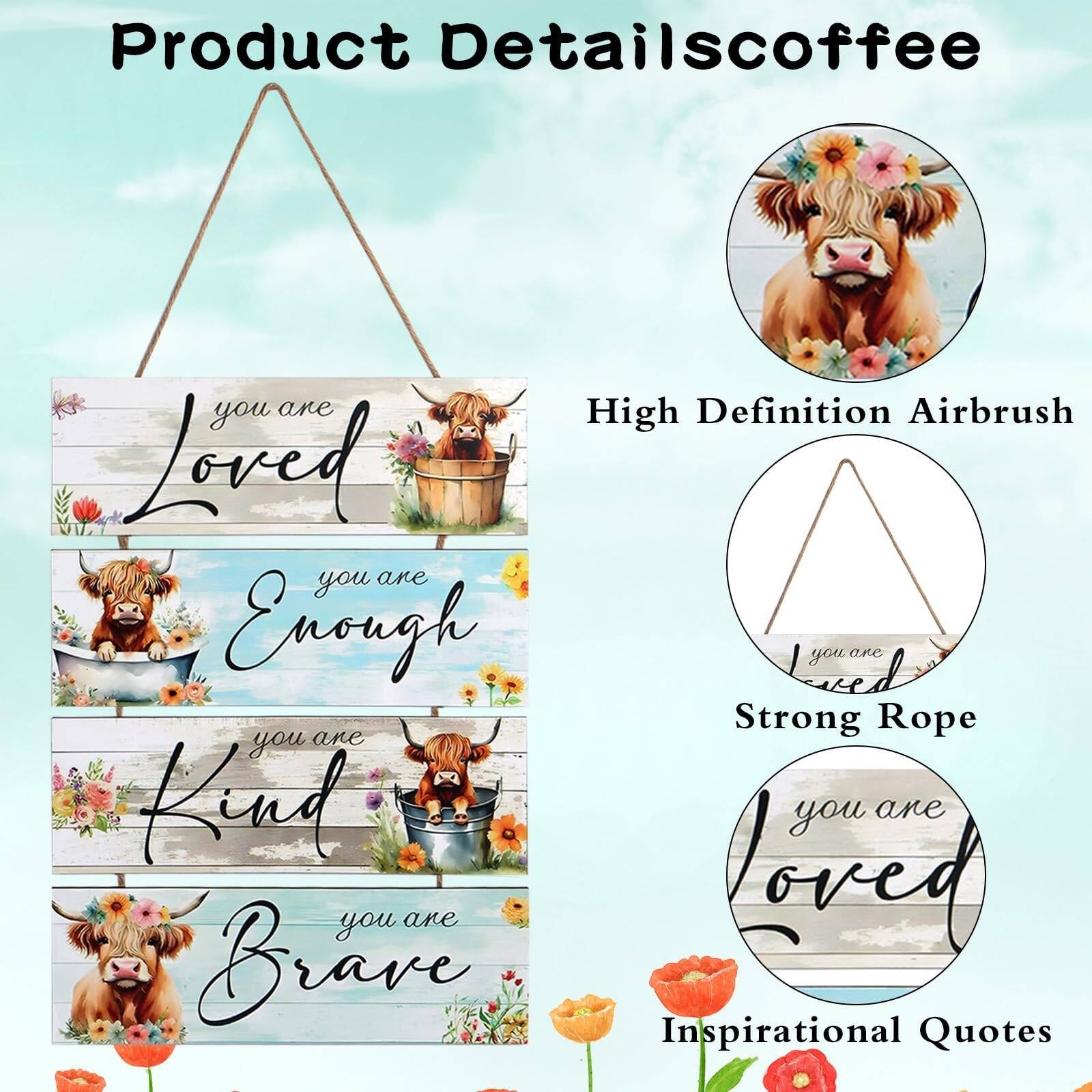 Set Of 4 Highland Cow Wall Art With 3D Designs, Perfect Highland Cow Gifts & Highland Cow Gifts For Women, Inspirational Quotes Inspirational Quotes Wall Art, Charming Highland Cow Pictures, Unique Hi