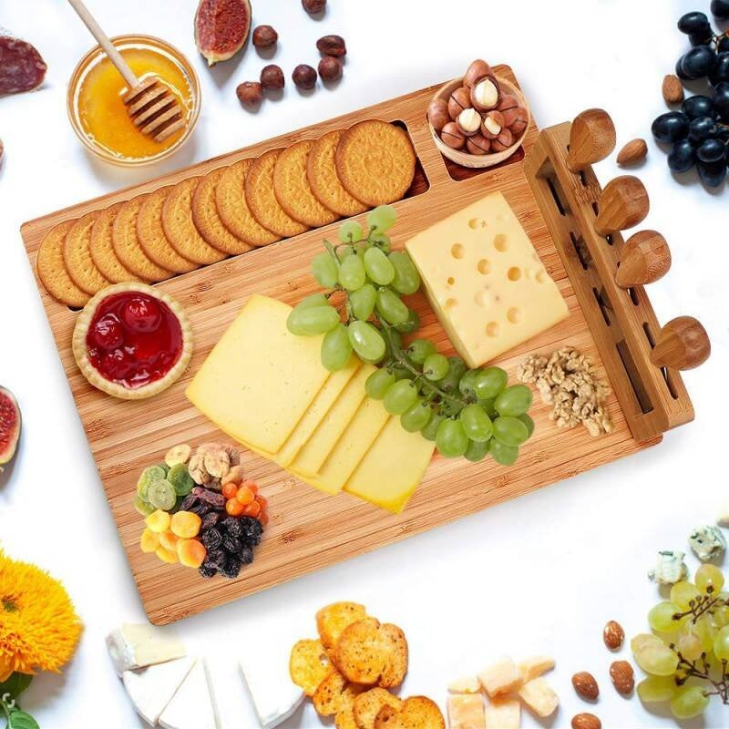 Cheese Board With Removable Tool Holder & Food-Serving Utensils Charcuterie Boards With Dedicated Zones For Dips & Snacks  Includes Cheese-Specific Utensils & Heart-Shaped Food Cutter