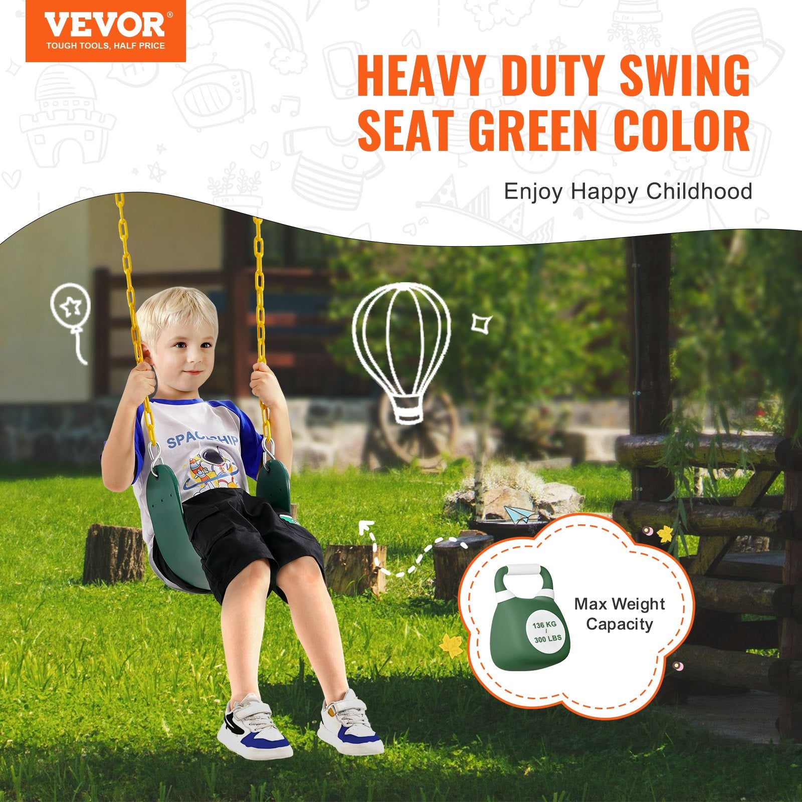 2-Pack Swing Seats, With 66 Inch Coated Chains And Snap Hooks, Support 300 Lbs Swings Replacement For Outdoor Swing Set, Swing Set Accessories For Kids, For Outdoor And Indoor Use, Green