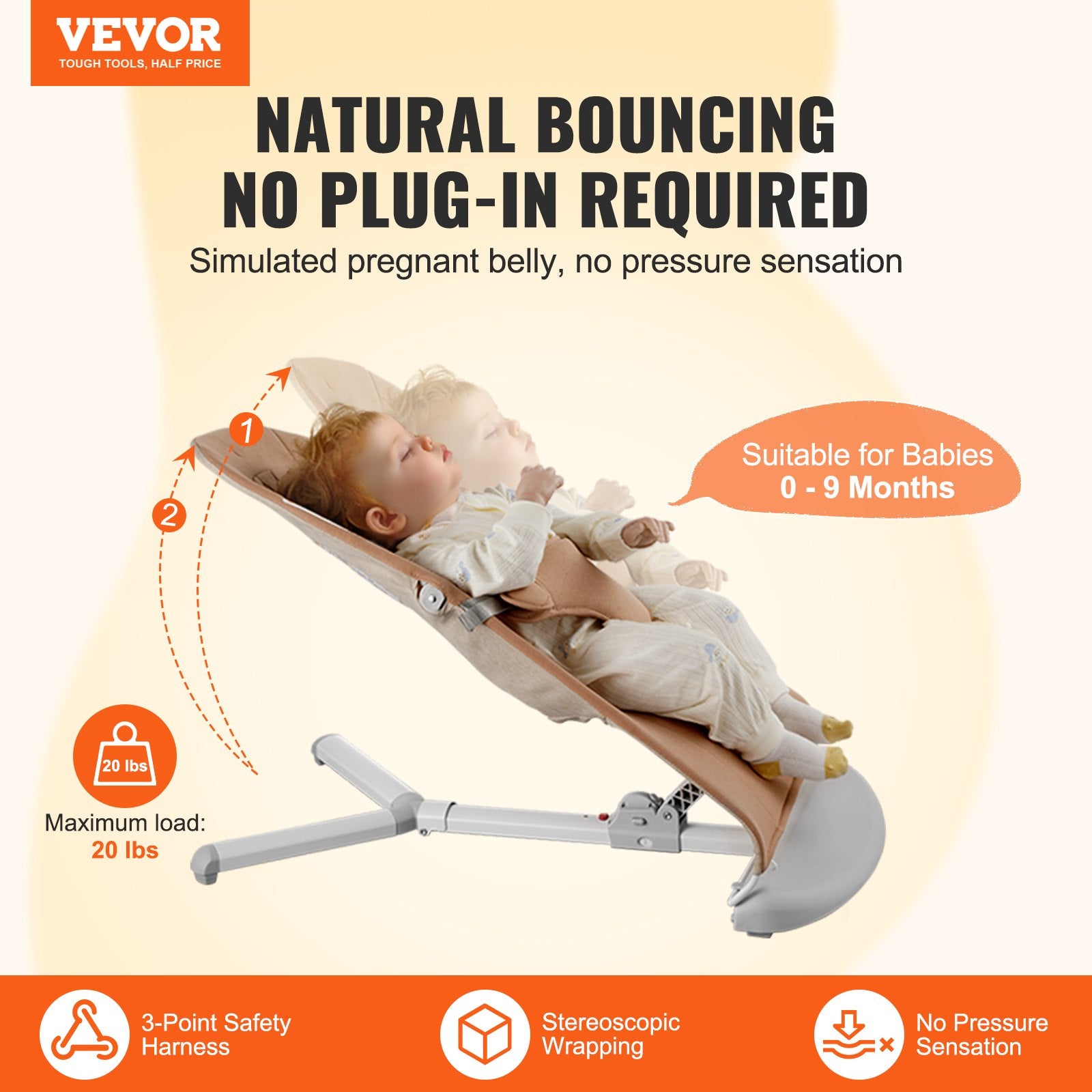 Baby Bouncer, Folding Bouncer Seat For Babies 0-9 Months, Newborn Bouncer Chair With 2 Reclining Angles & 3-Point Harness, Portable Infant Rocker With Carrying Bag For Indoors Outdoors, Camel