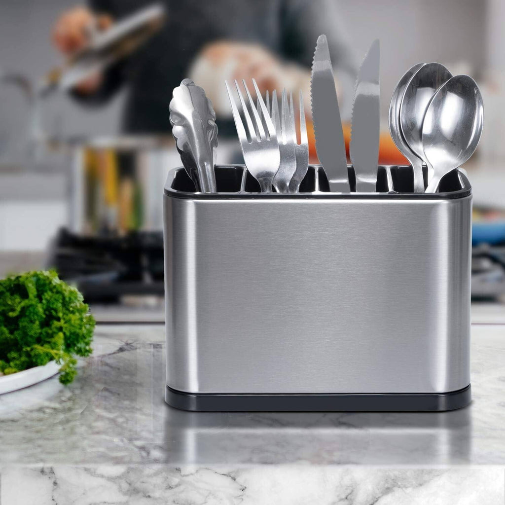 Cutlery Drainer For Sink With 4 Sections  Stainless Steel & ABS Hybrid Spoon Holder  Tilt-Drain & Anti-Slip Cutlery Organiser  Quick-Dry Ventilated Kitchen Utensil Holder For Countertop