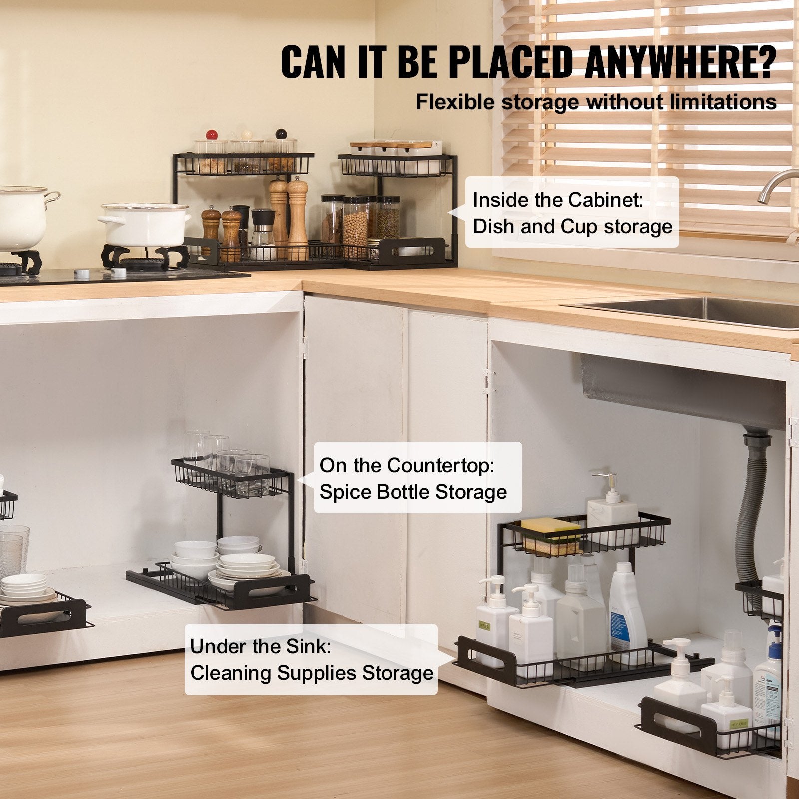 2 Tier Pull Out Cabinet Organizer(10.7"W X 14.2"D ), Under Sink Organizer And Storage, Slide Out Drawer Cabinet Organizer, Wire Basket Shelf, 25.5"Wx15.5"Dx13"H Install Size For Cabinet (2 Pack)