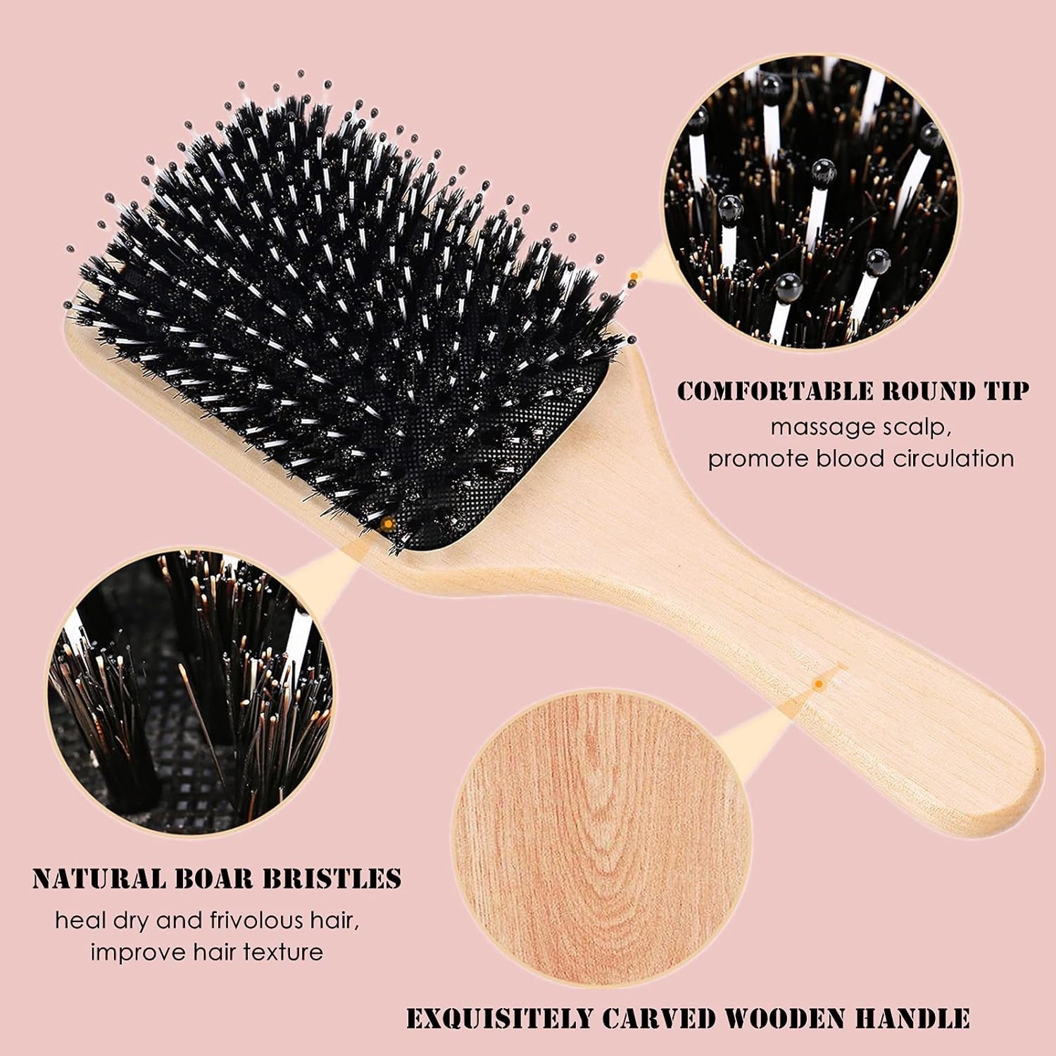 Boar Bristle Hair Brush With Nylon Pins For Smoothing & Detangling Curly Hair Brush For Women & All Hair Types Includes Cleaning Tail Comb Flexible Cushion & Wooden Handle Hairbrushes For Wome