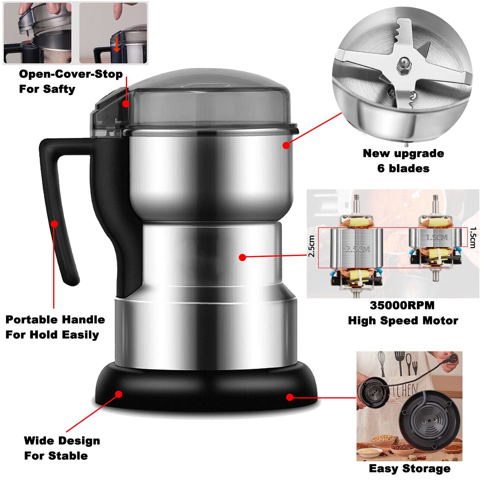 300W Electric Coffee Grinder Grinding Milling Bean Nut Spice Matte Blade Blende