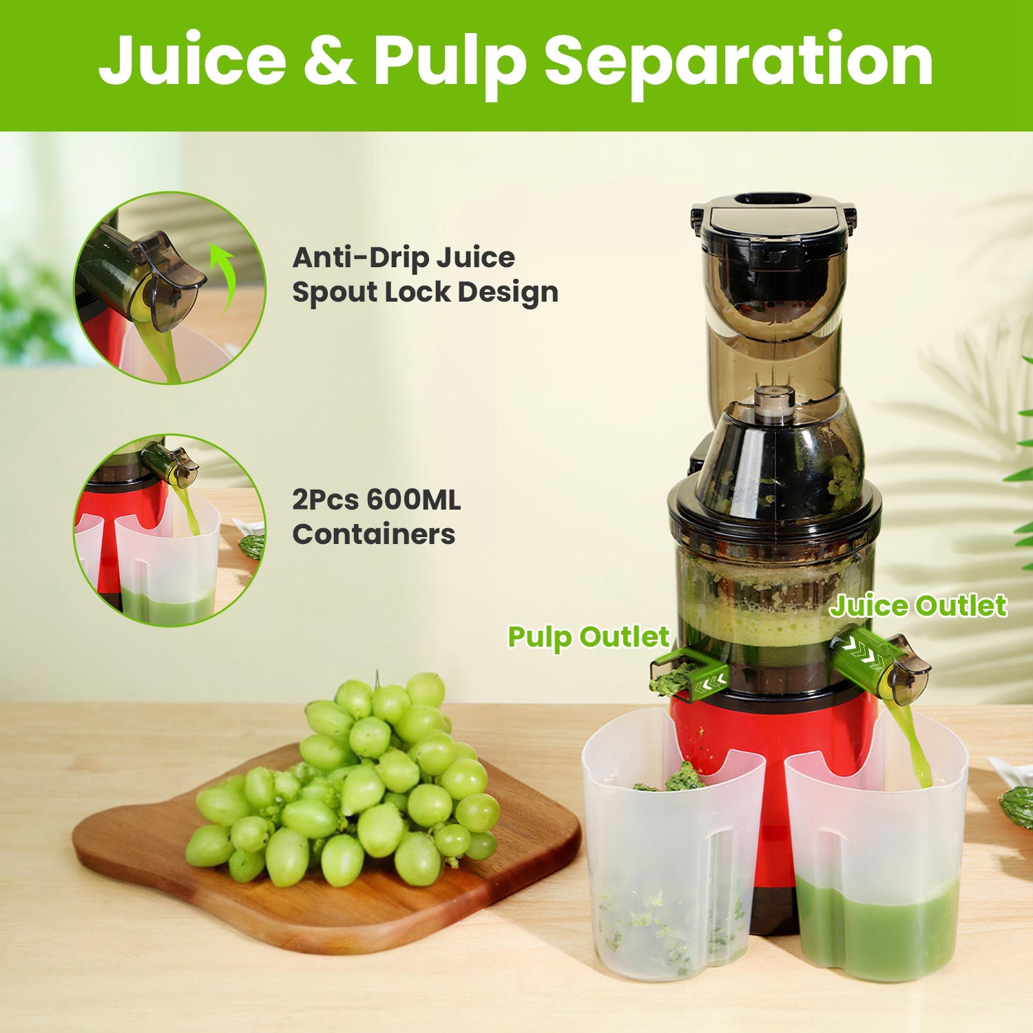 1Pc Cold Press Juicer Machine 300W Electric Slow Masticating Juicer For Whole Vegetable And Fruit With Reverse Function 2 Containers Cleaning Brush Clear Marks Easy Cleaning