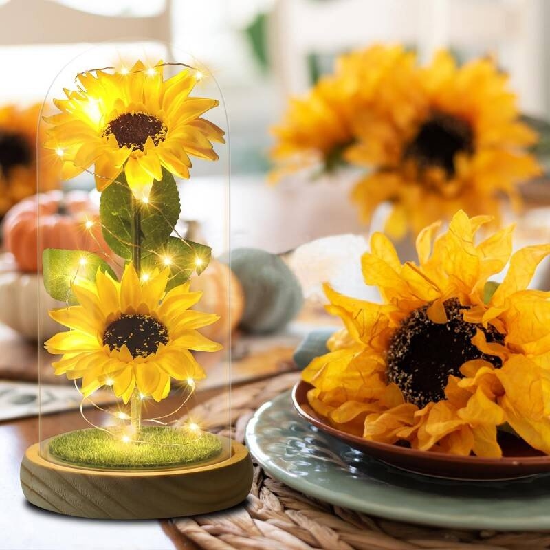 Mothers Day Gifts From Daughter Son, Eternal Sunflowers In Glass Dome With LED Lights & Gift Box, Unique Birthday Gifts For Women, Artificial Flowers Home Decor For Mum, Grandma, Wife - Sunflower Gift