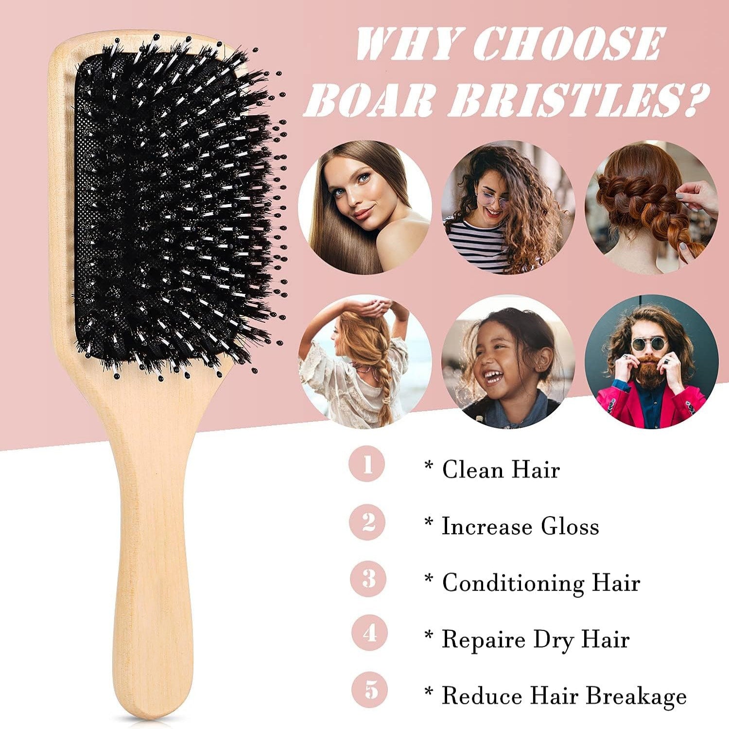 Boar Bristle Hair Brush With Nylon Pins For Smoothing & Detangling Curly Hair Brush For Women & All Hair Types Includes Cleaning Tail Comb Flexible Cushion & Wooden Handle Hairbrushes For Wome