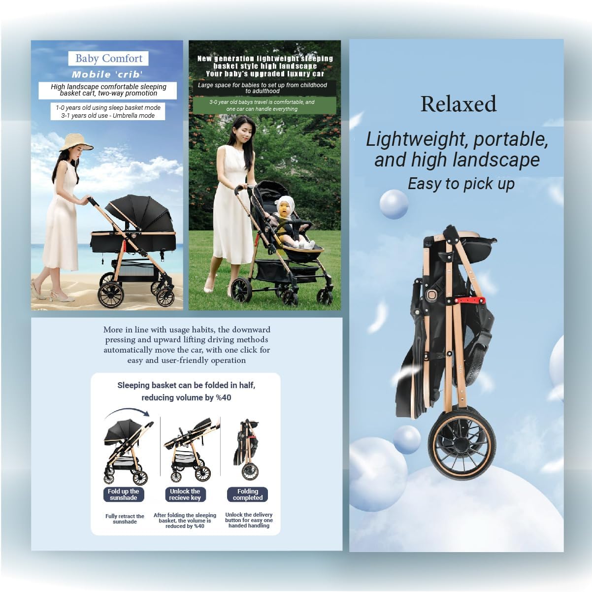 3-in-1 Pram And Pushchair Stroller With Sleeping Basket