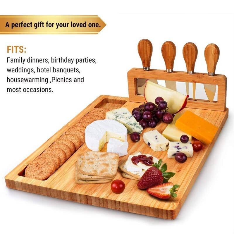 Cheese Board With Removable Tool Holder & Food-Serving Utensils Charcuterie Boards With Dedicated Zones For Dips & Snacks  Includes Cheese-Specific Utensils & Heart-Shaped Food Cutter