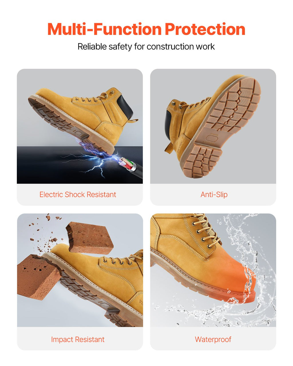Steel Toe Work Boots, UK Size 11, Waterproof Work Boots For Men, Slip-Resistant Work Boot, Lightweight And Breathable Rubber Sole Mens Boots For Industry Construction, Brown Yellow