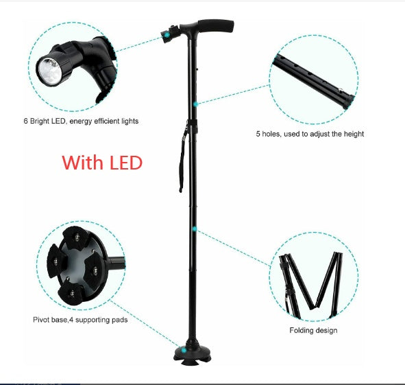 Folding LED Walking Stick Cane With Flashlight For Senior Aluminium Travel Hiking Cane Trekking Pole Crutch Handle Strap 5 Gears