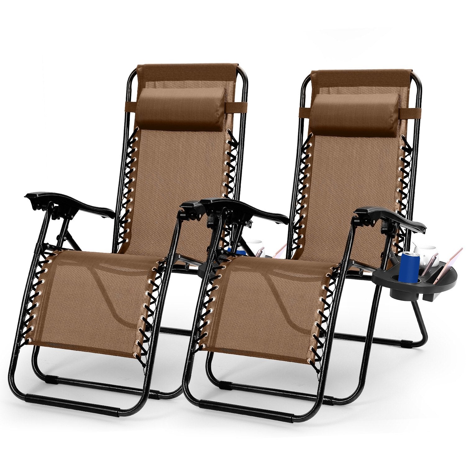 2Packs Zero Gravity Lounge Chair With Dual Side Tray Stress Relief Pillow 330lbs Max Load Per Chair Foldable For Patio Poolside Beach